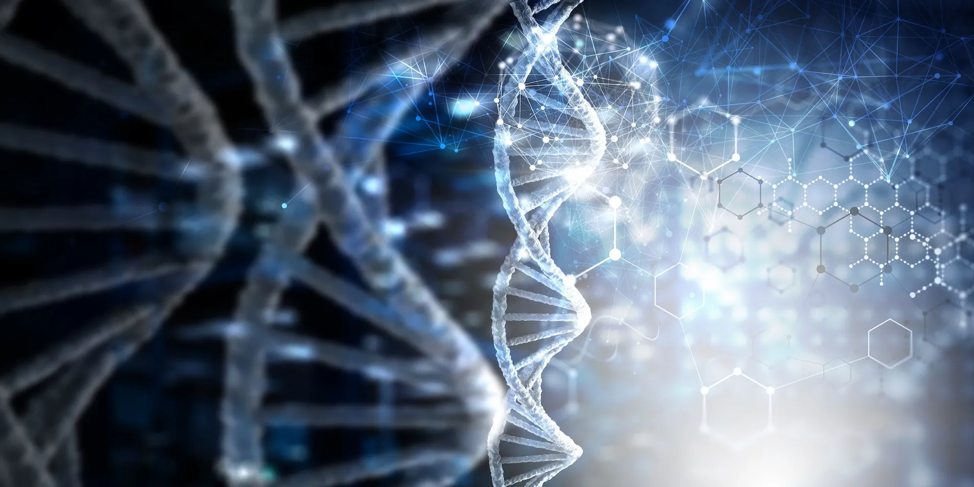 Estrutura de DNA com tecnologia molecular ao fundo